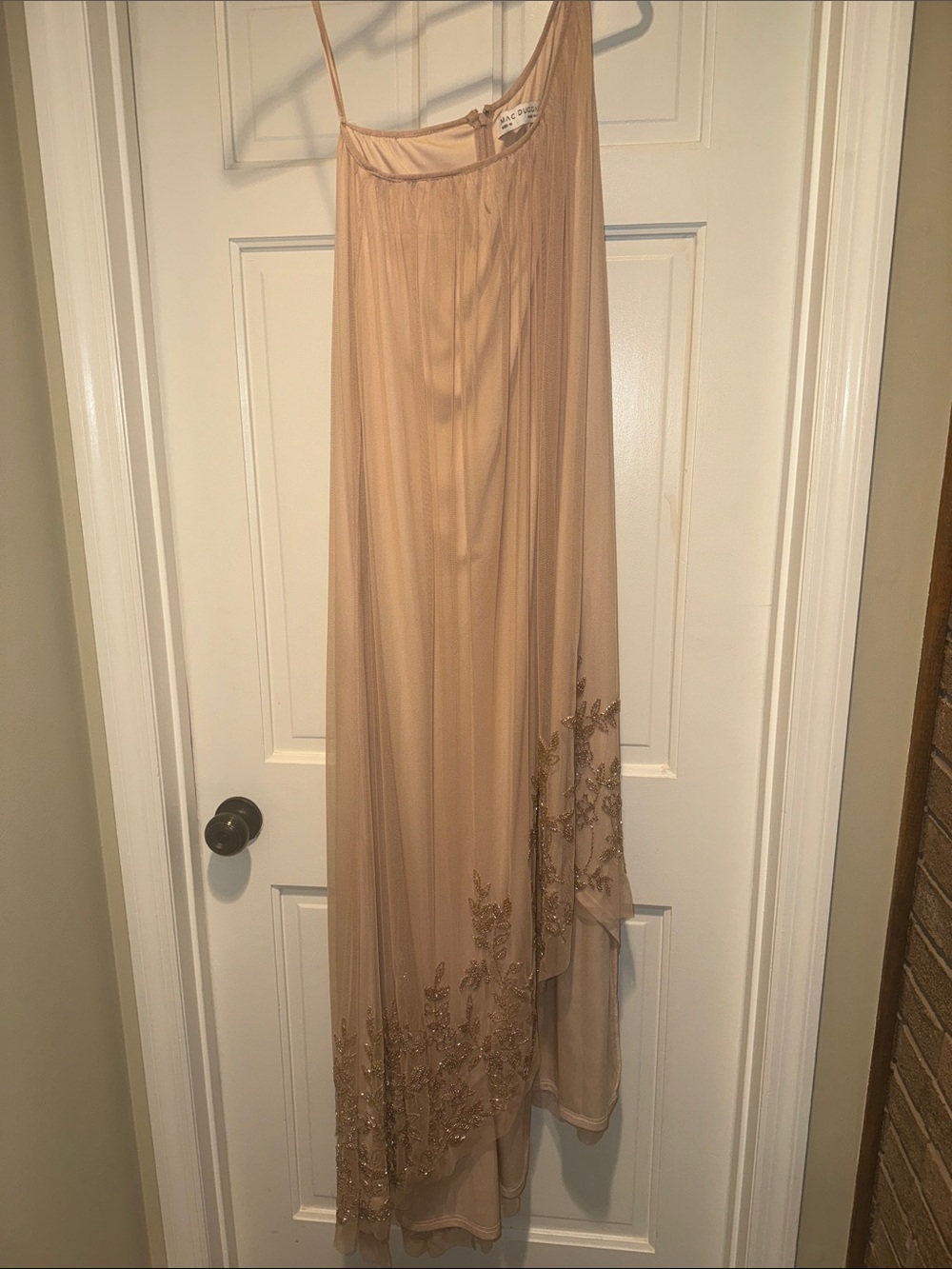 Mac Duggal Nude One-Shoulder High-Low Evening Dress